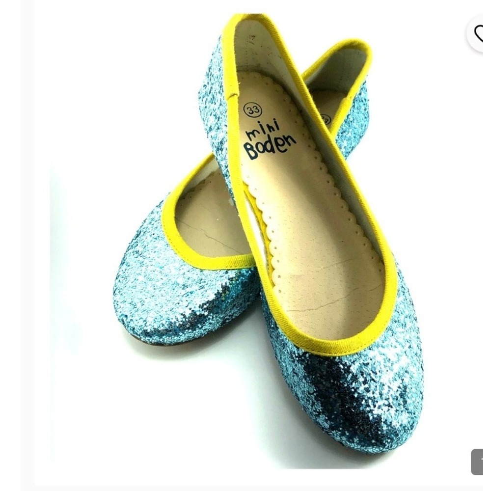 Mini Boden Ballet Flats Kids Size 37 Blue Good Glitter Yellow Trim Slip On